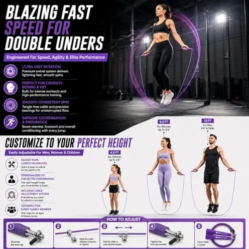 WOD Nation Adjustable Speed Jump Rope - Purple, Adjustable Length | Home Gym & Cardio Equipment for Men, Women & Kids thumbnail 5
