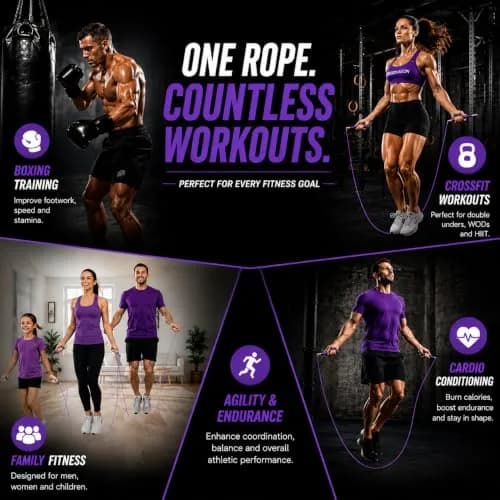 WOD Nation Adjustable Speed Jump Rope - Purple, Adjustable Length | Home Gym & Cardio Equipment for Men, Women & Kids thumbnail 3