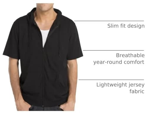Cottonhood Unisex Short Sleeve Zip Hoodie 65% Cotton, Lightweight Jersey, Black | Slim Fit, Breathable, Casual Style thumbnail 4
