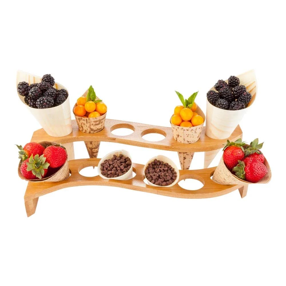 Restaurantware 12 Slot Curved Natural Bamboo Cone Stand, Multi-Level, 1 Ct | Rustic Food Display for Cones — Curved