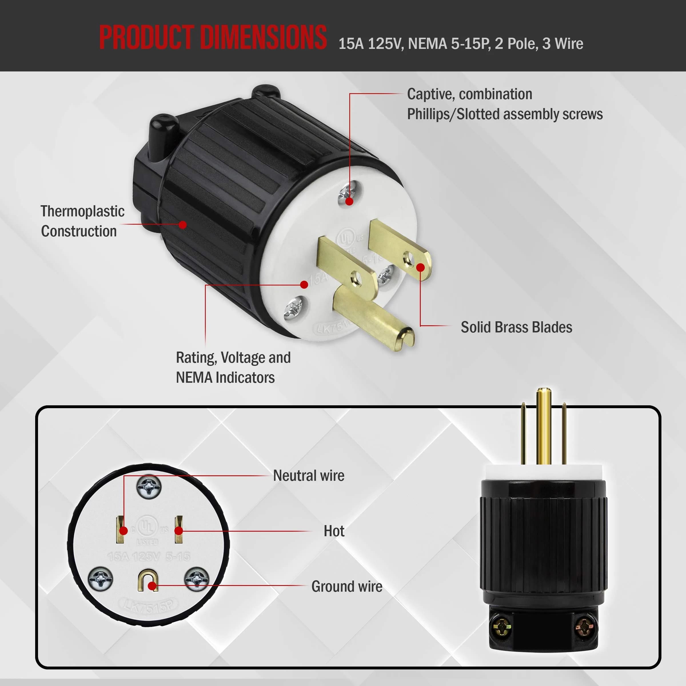 ENERLITES NEMA 5-15P Straight Blade Plug 15A 125V | Industrial Grade Heavy Duty UL Listed - view 3