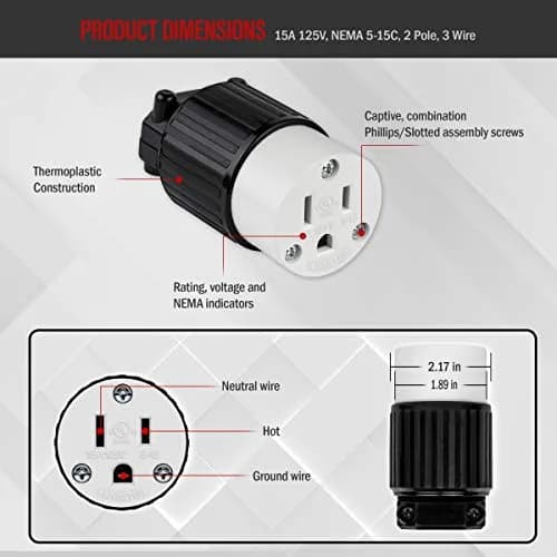 ENERLITES NEMA 5-15R Straight Blade Connector, Female Cord Ends, Black | Industrial Grade 15A 125V UL Listed thumbnail 3