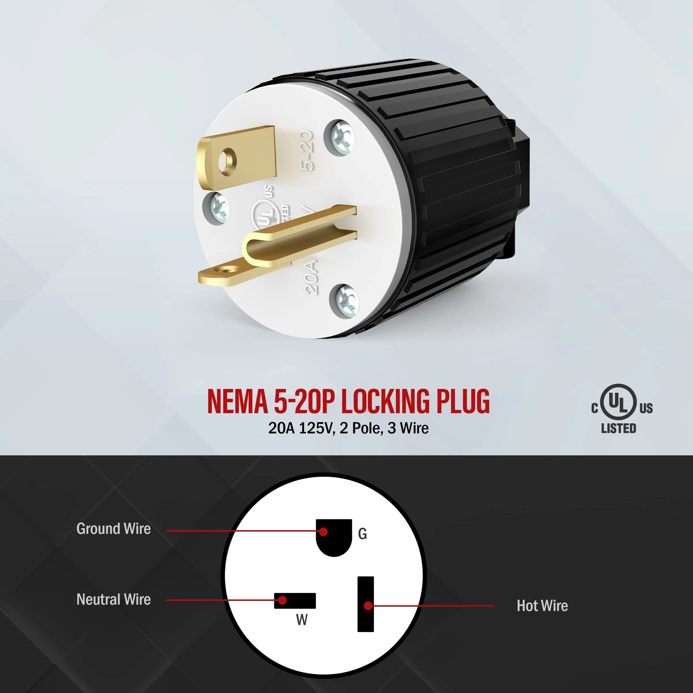 ENERLITES NEMA 5-20P Straight Blade Plug, Male Cord Ends, Black | 20A 125V Industrial Grade UL Listed - view 2
