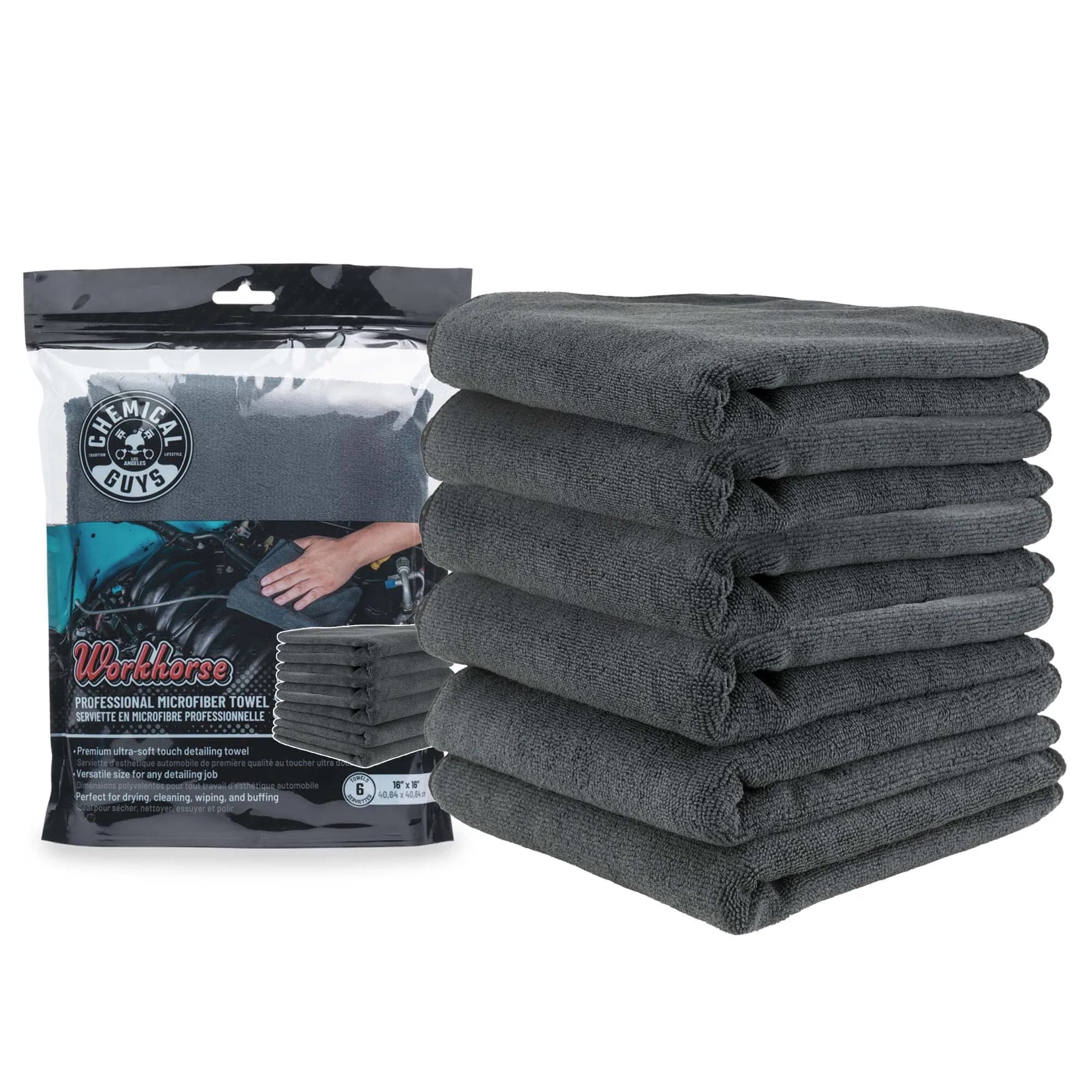 Chemical Guys MIC35306 Workhorse Microfiber Towel 16 in. x 16 in. Pack of 6 | Professional Grade, Lint-Free — Black