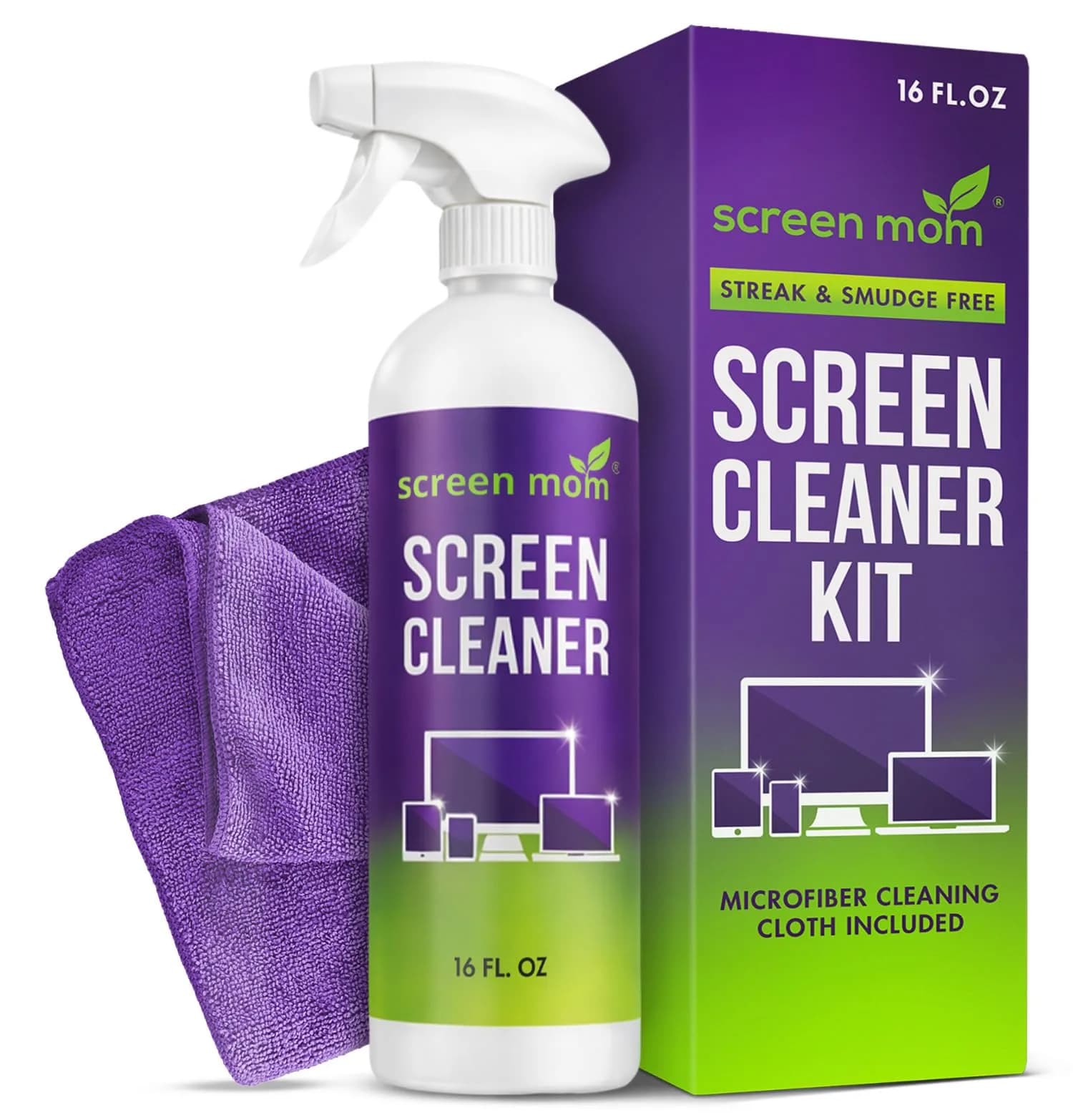 Screen Mom Screen Cleaner Spray 16oz | Streak-Free, Alcohol-Free, Microfiber Cloth — 16 Fl Oz