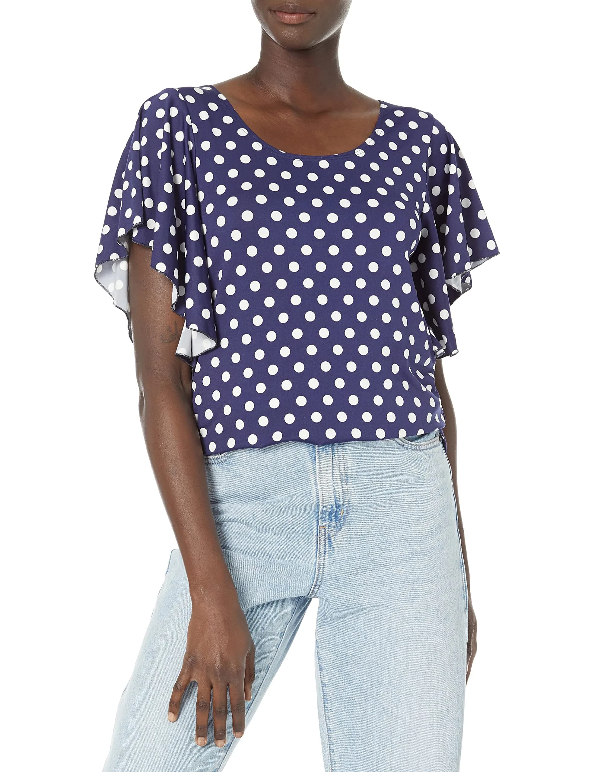 Star Vixen Women's Angel Sleeve Top Navy/White Dot X-Large | Flutter Sleeve Casual Shirt