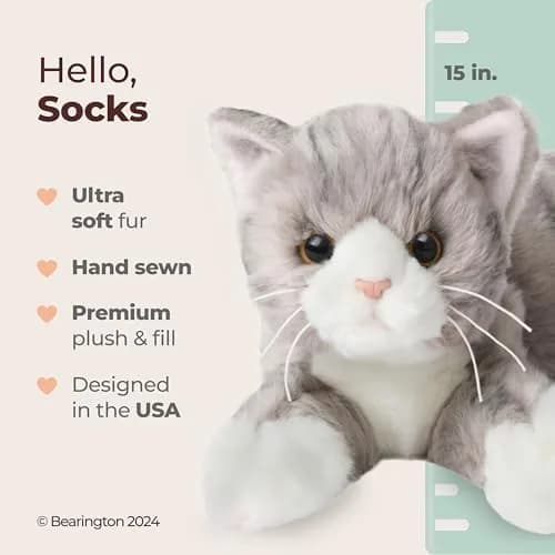 Bearington Collection 15" Realistic Grey Tabby Cat Plush Toy | Ultra-Soft, Handcrafted, Cuddly Companion thumbnail 2