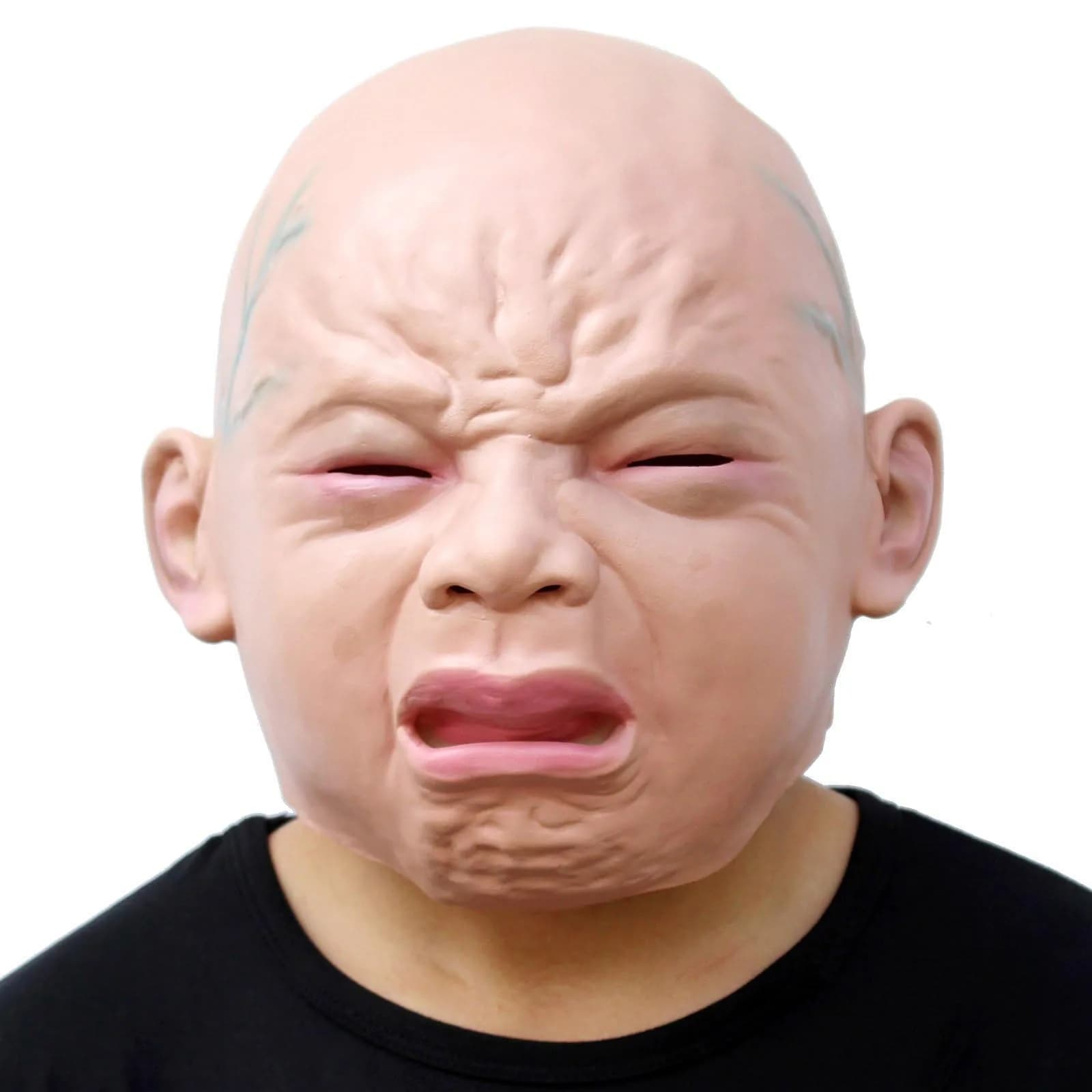 CreepyParty Crying Face Mask for Adults | Natural Latex Full Head Costume Mask for Halloween Parties and Cosplay — Off-white