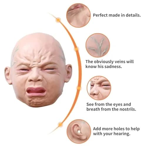 CreepyParty Crying Face Mask for Adults | Natural Latex Full Head Costume Mask for Halloween Parties and Cosplay thumbnail 3
