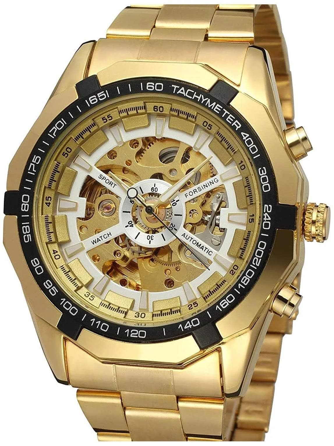 FANMIS Skeleton Automatic Watch for Men | 45mm Stainless Steel Case, Black Gold — A Gold