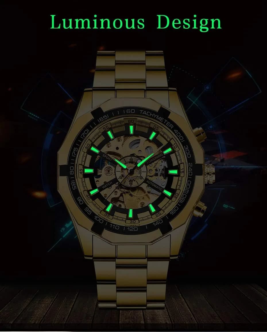 FANMIS Skeleton Automatic Watch for Men | 45mm Gold Stainless Steel - view 5