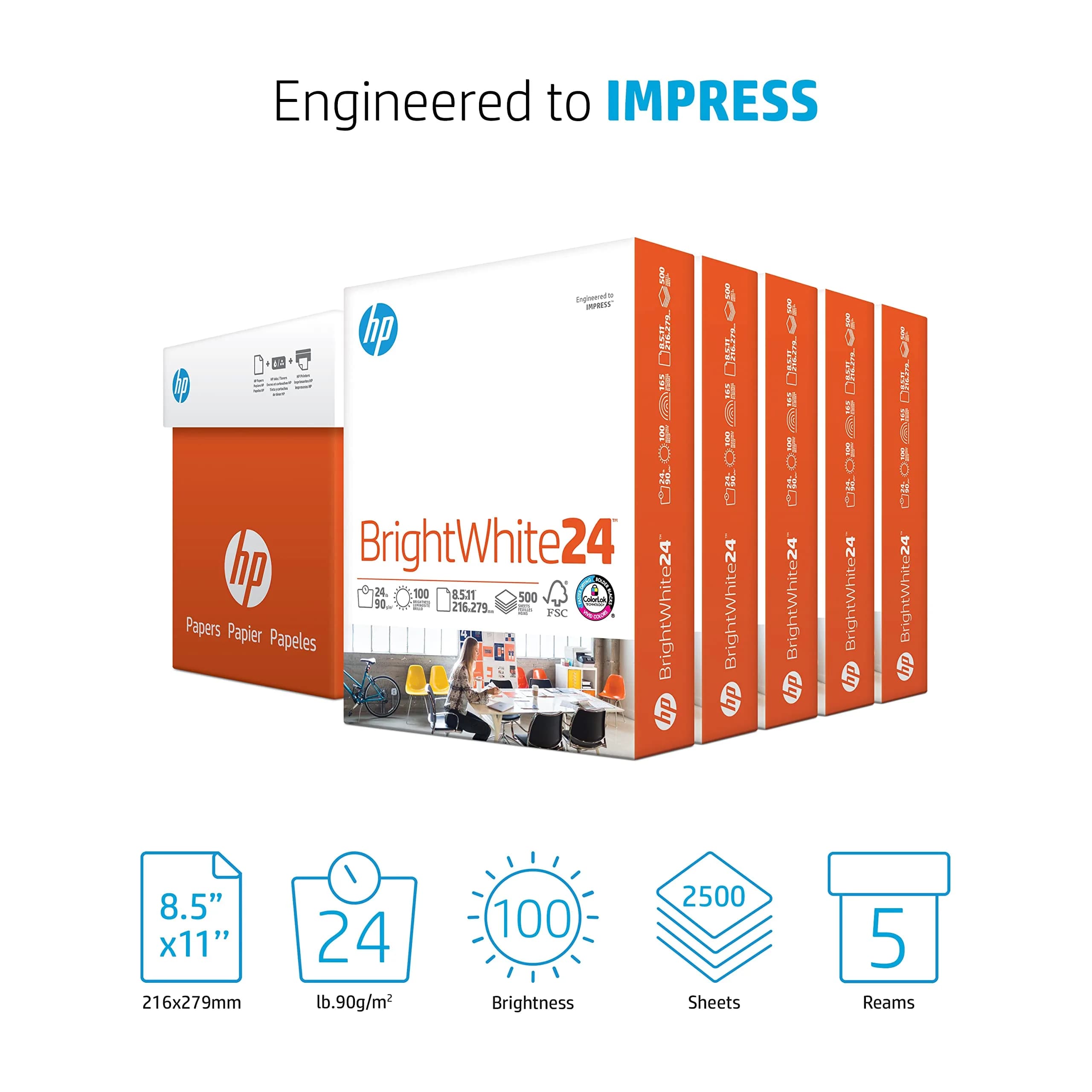 HP BrightWhite 24 lb Letter Size 8.5 x 11 Paper - 5 Ream (2500 Sheets) - view 2
