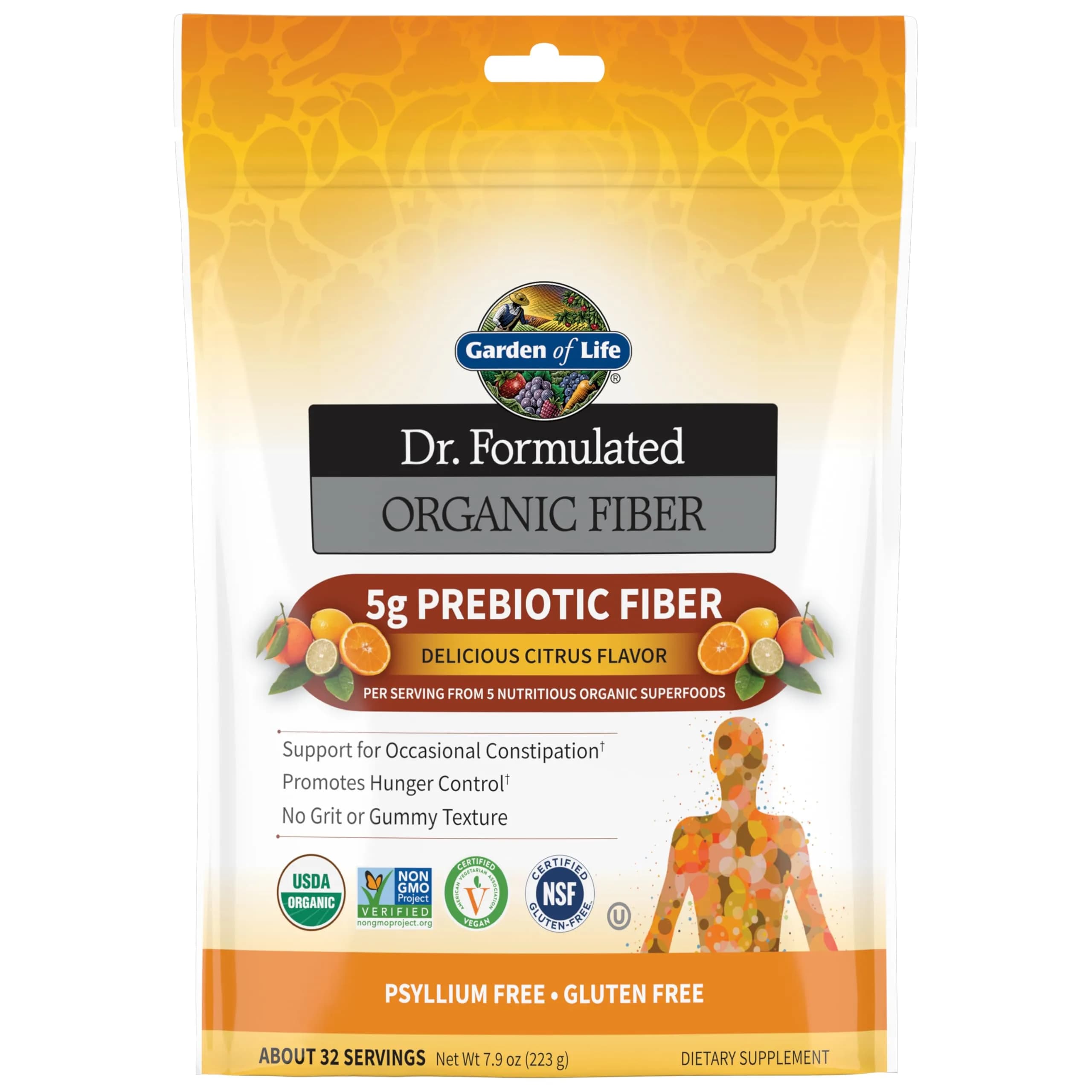 Garden of Life Dr. Formulated Organic Fiber Powder Unflavored 193g (6.8 oz) | USDA Organic Prebiotic Fiber Supplement — 7.9 Ounce