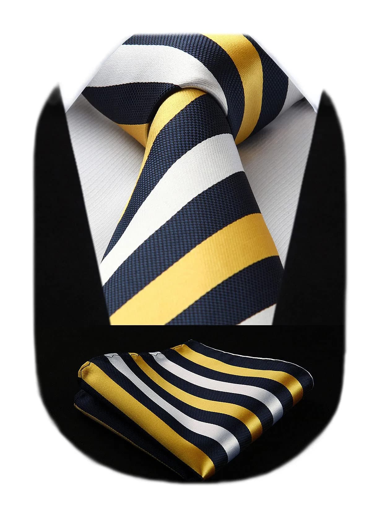 HISDERN Necktie Set 3.4'' Wide Yellow & White Stripe Tie with Pocket Square | Classic Business & Formal Style