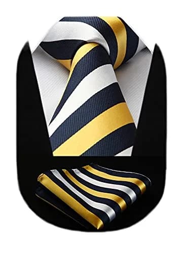 HISDERN Necktie Set 3.4'' Wide Yellow & White Stripe Tie with Pocket Square | Classic Business & Formal Style thumbnail 1