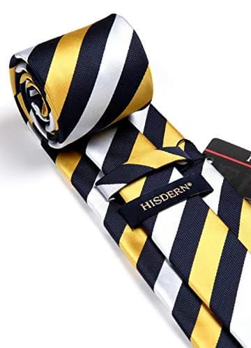 HISDERN Necktie Set 3.4'' Wide Yellow & White Stripe Tie with Pocket Square | Classic Business & Formal Style thumbnail 4