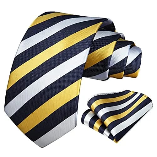 HISDERN Necktie Set 3.4'' Wide Yellow & White Stripe Tie with Pocket Square | Classic Business & Formal Style thumbnail 2