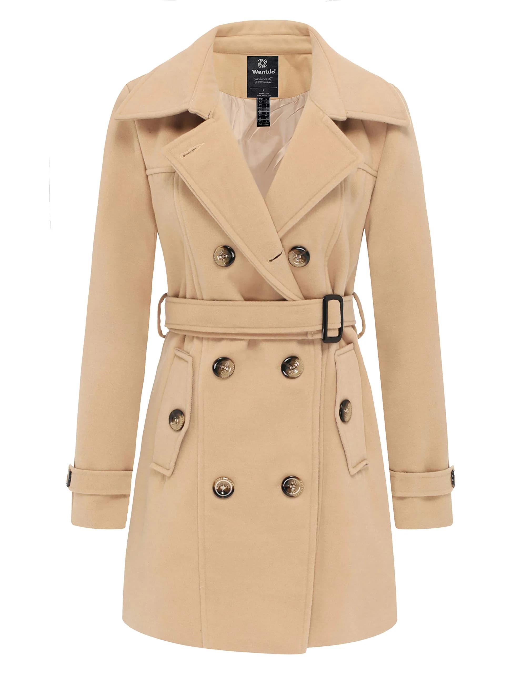 wantdo Women’s Double Breasted Pea Coat Khaki S | Windproof & Stylish Winter Coat — Khaki / XX-Large