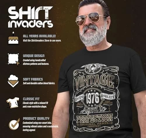 ShirtInvaders Vintage 1976 Aged to Perfection 50th Birthday Tee for Him - Black-001-Sm | Retro Whiskey Distressed Style thumbnail 3