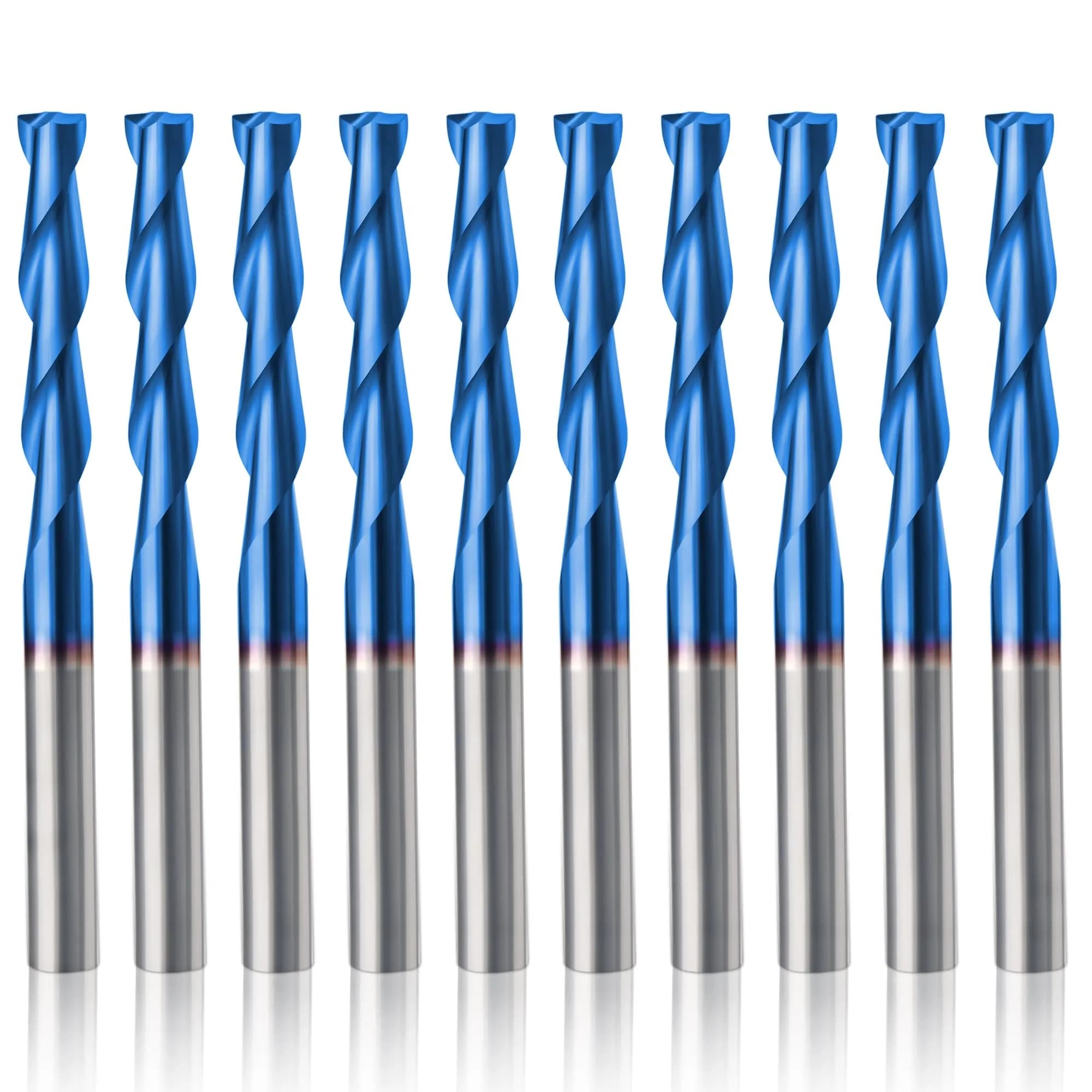 HQMaster 1/8" Shank 2-Flute Upcut CNC Router Bits 10pcs | Solid Carbide Spiral End Mill for Woodworking — 1/8"CED x 1/8"SD x 11/16"CEL x 1-1/2"OAL