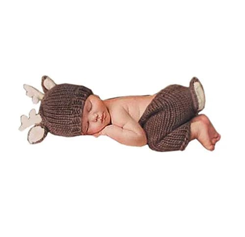 Pinbo Newborn Baby Photography Prop Crochet Knitted Deer Hat Pants | Handmade Baby Photo Set for 0-1 Months thumbnail 1