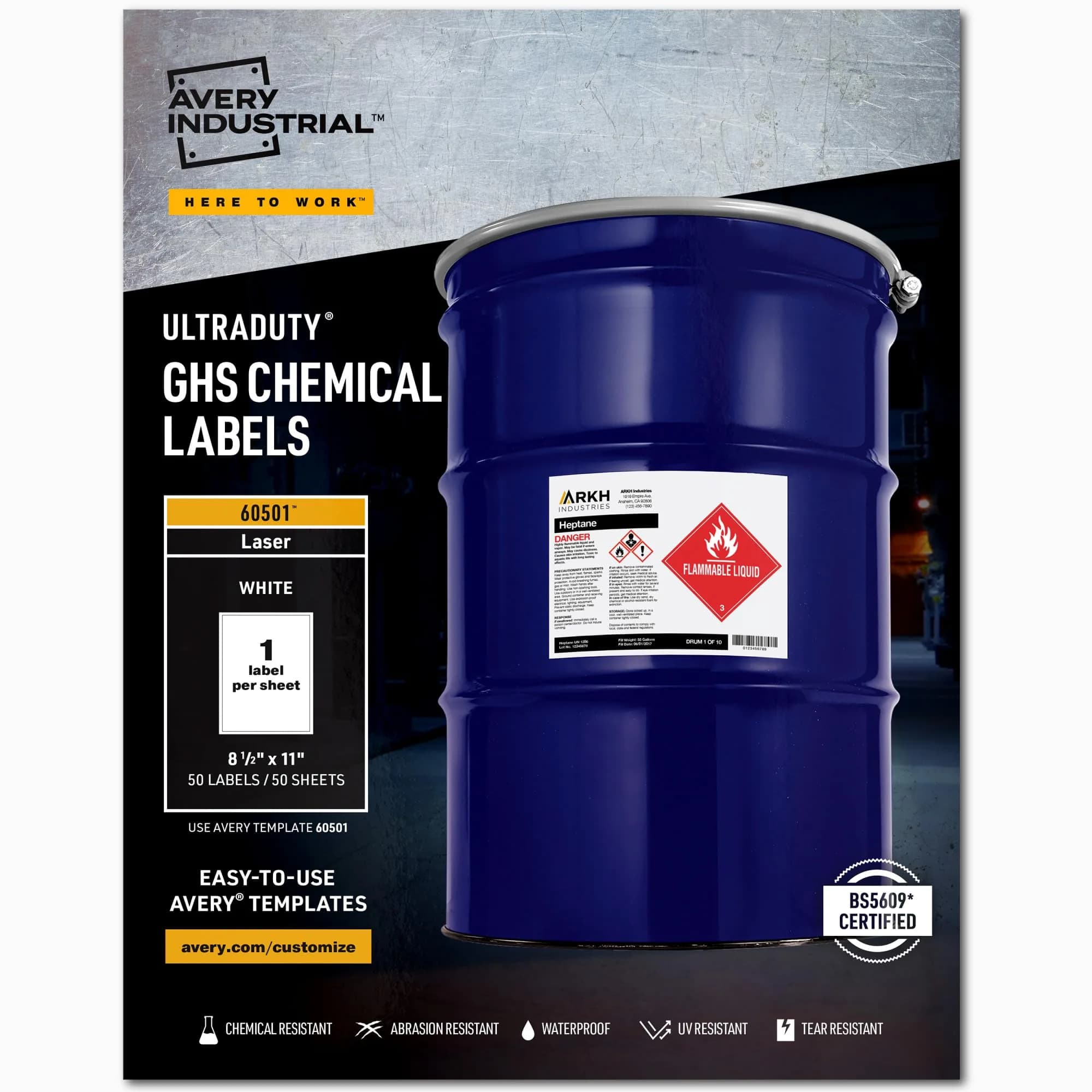 Avery UltraDuty GHS Chemical Labels 8.5 x 11 Inch, 50 Labels | Waterproof, UV Resistant, Chemical Resistant