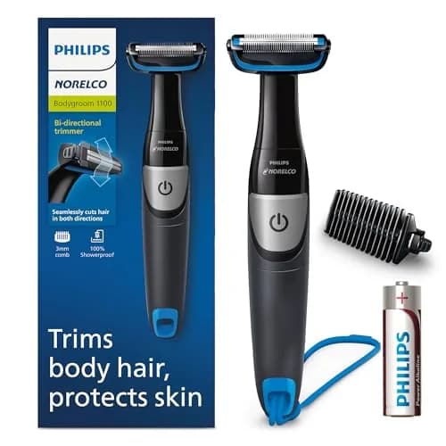 Philips Norelco Bodygroom Series 1100 BG1026/60 Showerproof Body Hair Trimmer for Men | Trims Below Neck Safely — Blue/Silver/Black