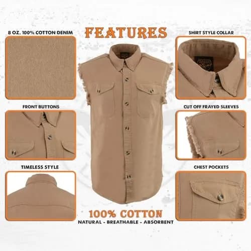 Milwaukee Leather DM4005 Men's Beige Lightweight Sleeveless Denim Shirt | Casual, 3X-Large, Cotton thumbnail 2