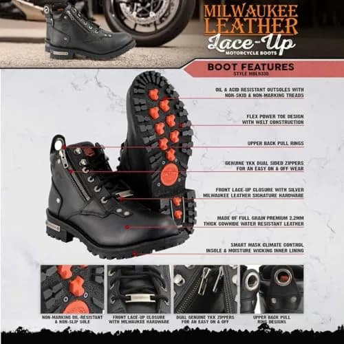 Milwaukee Leather MBL9335 Women's Black Leather Motorcycle Boots | Waterproof, Low Cut Lace-Up Design thumbnail 3