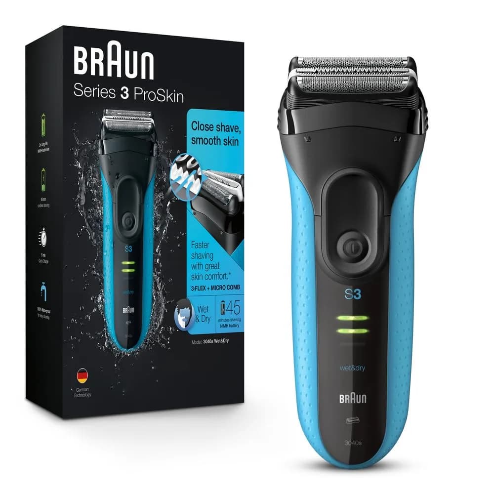 Braun Series 3 Electric Shaver 3040s Blue/Black 4 Piece Set | Precision Trimmer for a Close Shave