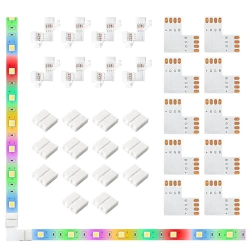 JACKYLED 20Packs 10mm 4-Pin LED Connectors with Clips & L Shape, 22pcs for Strip Lights | Support 72W thumbnail 1
