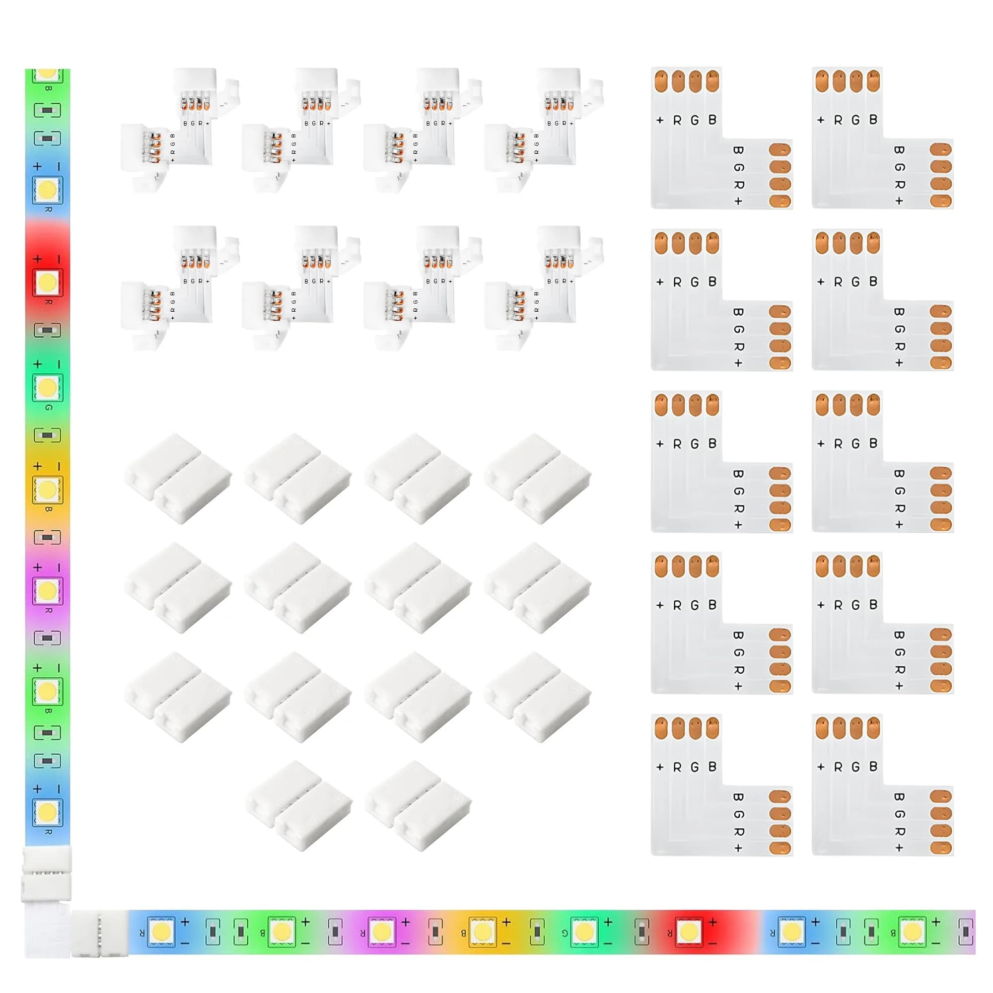 JACKYLED 20Packs 10mm 4-Pin LED Connectors with Clips & L Shape, 22pcs for Strip Lights | Support 72W — 4PIN-10MM-L