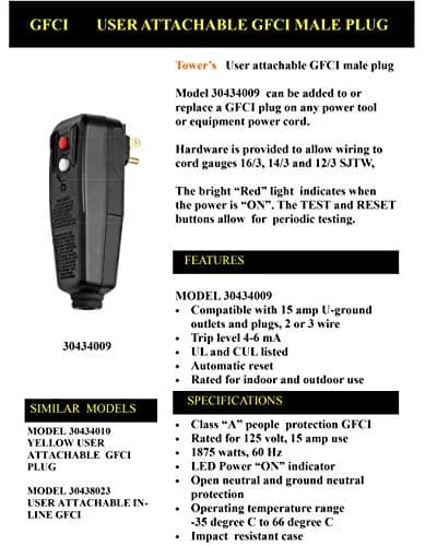 Tower Auto-Reset 15 AMP Right Angle GFCI Plug, Black | UL-Listed Safety thumbnail 5