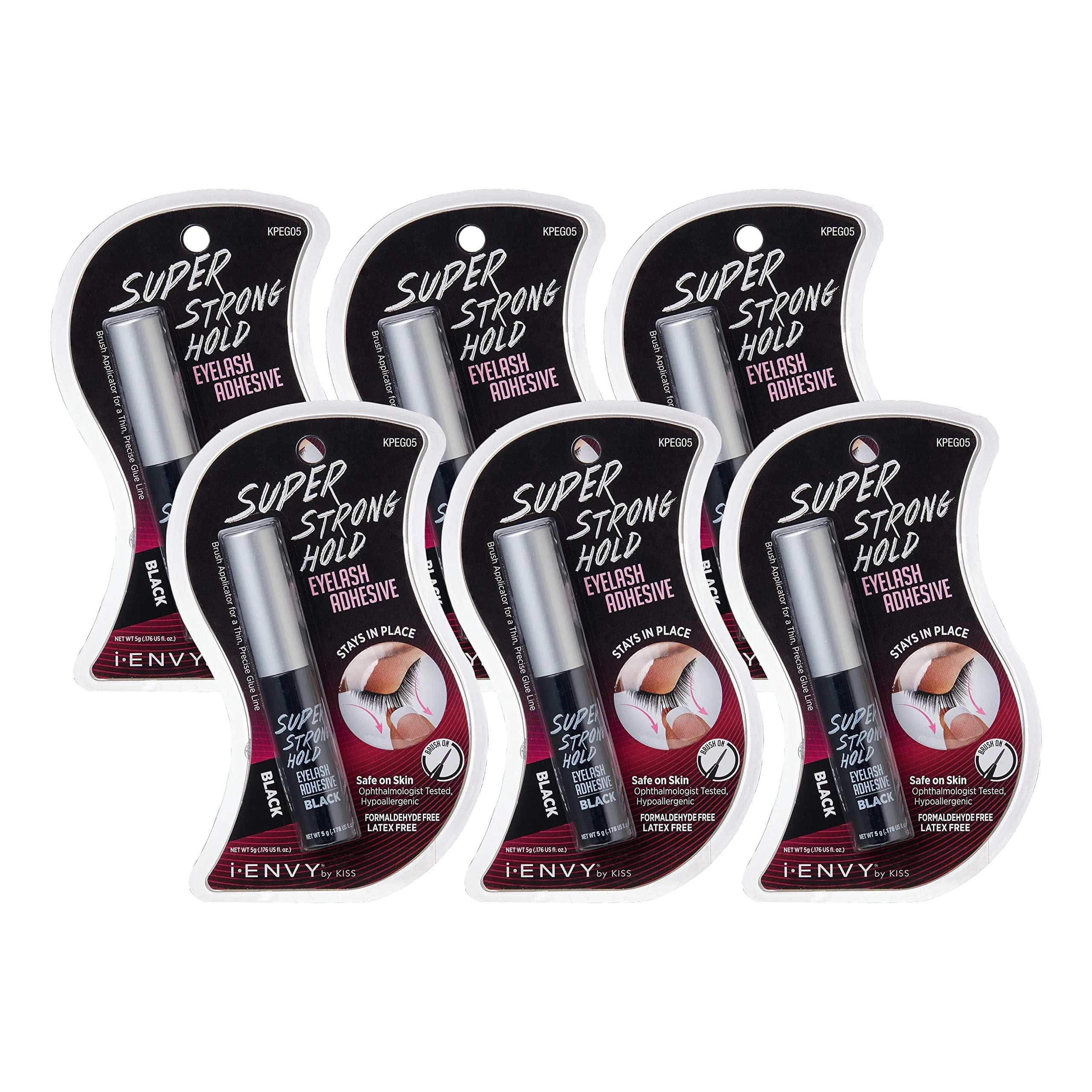 iENVY Super Strong Hold Eyelash Adhesive Black 6 Pack | Waterproof, Hypoallergenic, Brush-On Applicator