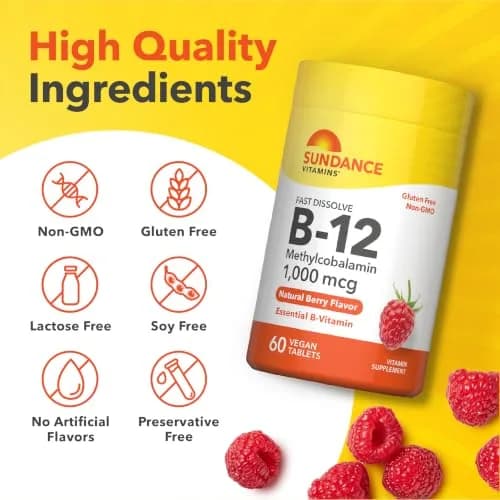 Sundance Vitamin B12 1000 mcg | Methylcobalamin | Fast Dissolve Berry Tablets (60 Count) thumbnail 4