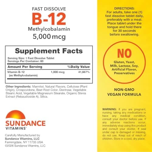 Sundance Vitamin B12 1000 mcg | Methylcobalamin | Fast Dissolve Berry Tablets (60 Count) thumbnail 2