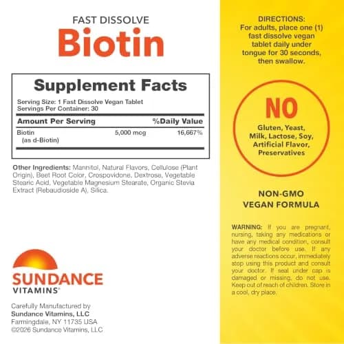 Sundance Biotin 5000mcg | 30 Vegan Tablets | Essential B-Vitamin for Hair & Skin thumbnail 2