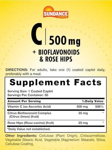 Sundance Vitamin C 500mg with Bioflavonoids & Rose Hips | Vegetarian, Non-GMO, 50 Caplets thumbnail 2