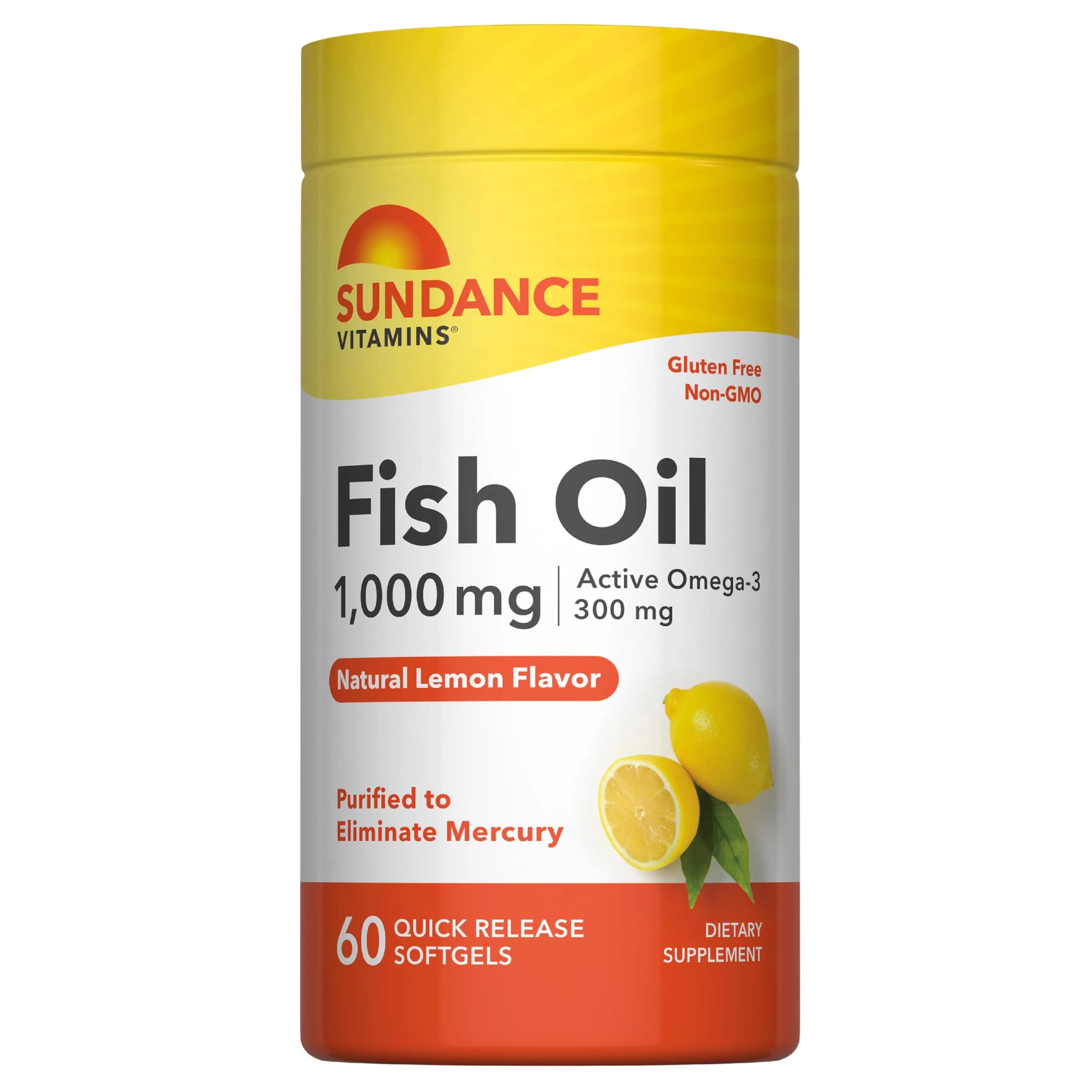 Sundance Fish Oil Omega 3 Supplement 1000mg | Lemon Flavored, 60 Softgels, Purified & Non-GMO — Softgel