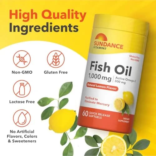 Sundance Fish Oil Omega 3 Supplement 1000mg | Lemon Flavored, 60 Softgels, Purified & Non-GMO thumbnail 4