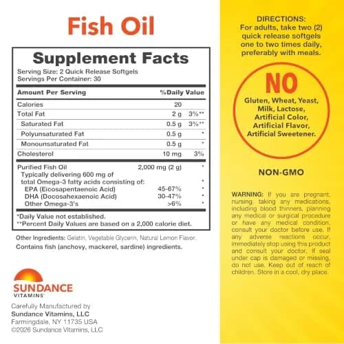 Sundance Fish Oil Omega 3 Supplement 1000mg | Lemon Flavored, 60 Softgels, Purified & Non-GMO thumbnail 2
