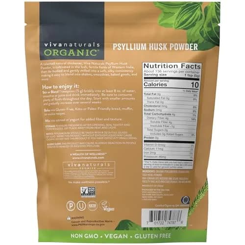 Viva Naturals Organic Psyllium Husk Powder, 24 oz – Finely Ground, Unflavored, Vegan, Keto, Paleo, Non-GMO Plant-Based Superfood for Digestive Health thumbnail 6
