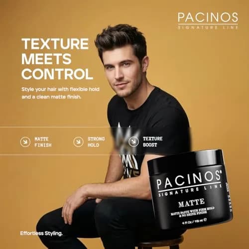 Pacinos Matte Hair Paste for Men, Firm Hold, No Shine, Styling Wax, 4 fl oz | Long-lasting matte finish, versatile for all hair types thumbnail 2