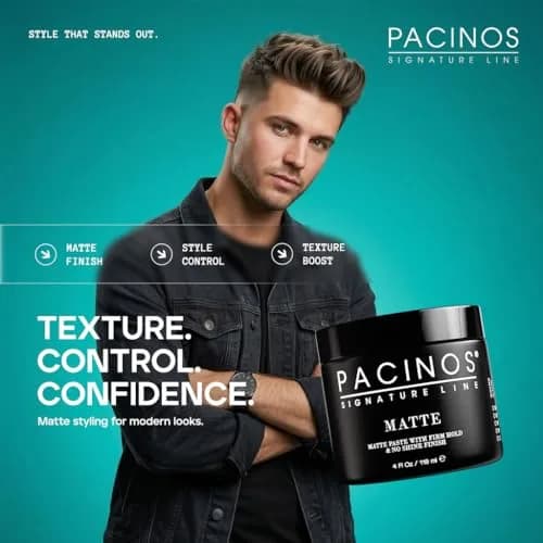 Pacinos Matte Hair Paste for Men, Firm Hold, No Shine, Styling Wax, 4 fl oz | Long-lasting matte finish, versatile for all hair types thumbnail 3