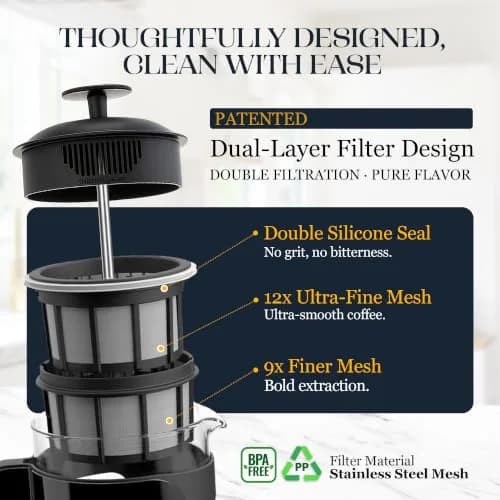 ESPRO P3 French Press Coffee Maker, 946ml (32oz) Black | Grit-Free Coffee & Tea Brewer thumbnail 8
