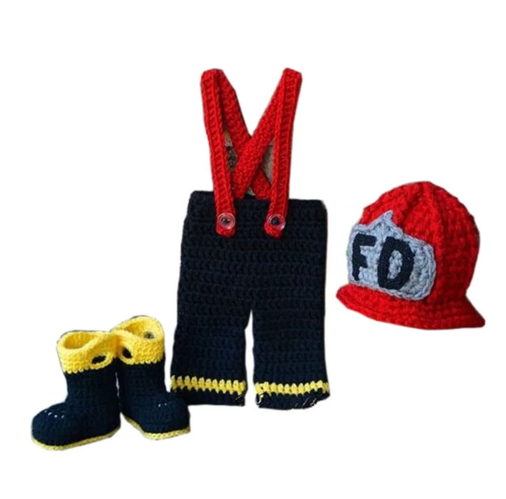 Pinbo Baby Photography Prop Crochet Firefighter Hat & Pants | Handmade Newborn Costume for 1-3 Months