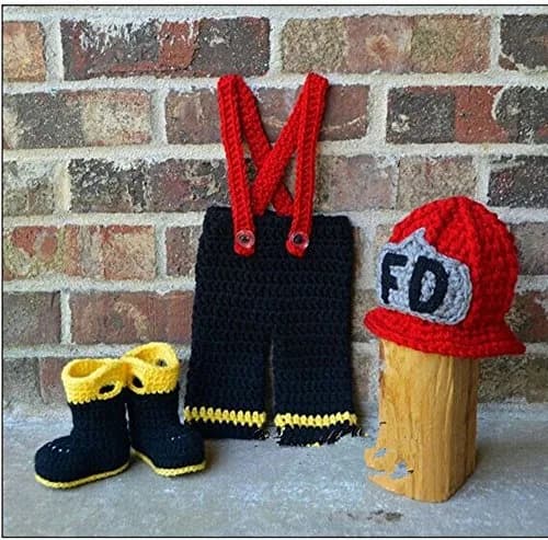 Pinbo Baby Photography Prop Crochet Firefighter Hat & Pants | Handmade Newborn Costume for 1-3 Months thumbnail 2