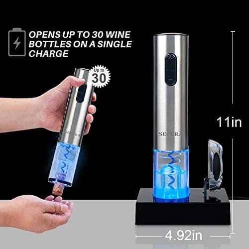 Secura Electric Wine Opener, Automatic Corkscrew, Rechargeable, Stainless Steel | Cordless Bottle Opener with Foil Cutter thumbnail 4