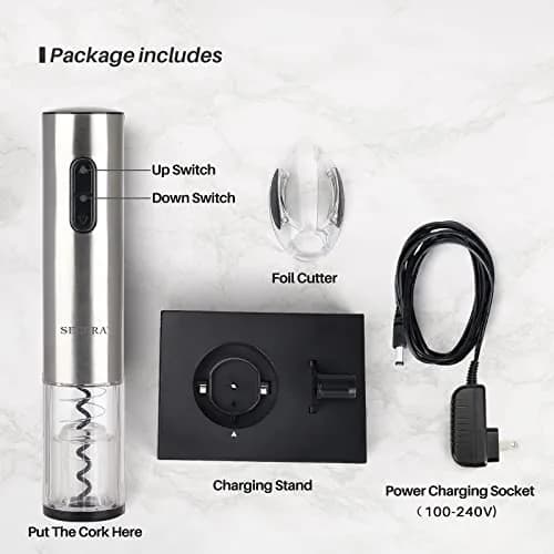 Secura Electric Wine Opener, Automatic Corkscrew, Rechargeable, Stainless Steel | Cordless Bottle Opener with Foil Cutter thumbnail 6