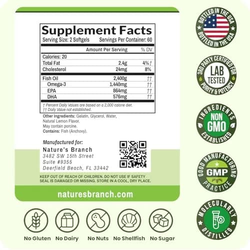 NATURE'S BRANCH Triple Strength Omega 3 Fish Oil 2400mg (120 Count) | Heart, Brain & Eye Health Support with EPA & DHA thumbnail 6
